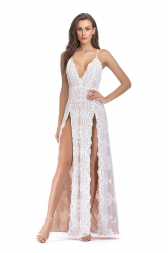 White Low-cut Sequins Halter Sexy Long Dresses