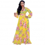 Yellow Printed Summer Chiffion Women Maxi Dress