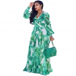 Green Printed Summer Chiffion Women Maxi Dress