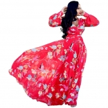Red Printed Summer Chiffion Women Maxi Dress