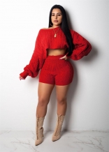 Red Long Sleeve O-Neck Sweater Short Sets