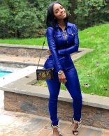Blue Long Sleeve V-Neck Leather Sexy Jumpsuit