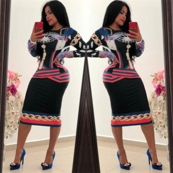 Blue Long Sleeve Bodycons Printed Sexy Dress