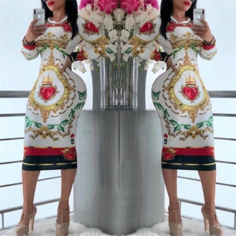 White Long Sleeve Bodycons Printed Sexy Dress