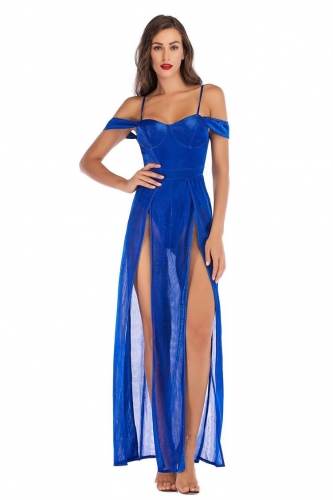 Blue Halter Slit Sequins Elengant Women Evening Dress
