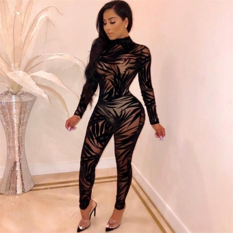 Black Long Sleeve Mesh Hollow-out Sexy Jumpsuit