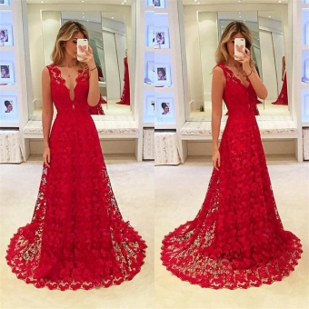 Red Sleeveless Lace Hollow-out Maxi Dress