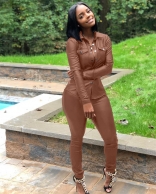 Coffee Long Sleeve V-Neck Leather Sexy Jumpsuit