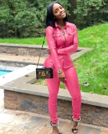 Pink Long Sleeve V-Neck Leather Sexy Jumpsuit