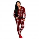 Red Long Sleeve Zipper Champion Printed Catsuit Dress