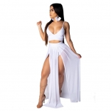 White Halter Low-cut Mesh Slit WOmen Maxi Dress