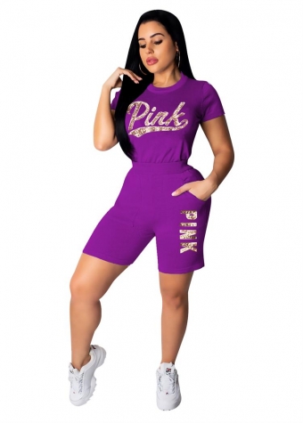 Purple Short Sleeve Sequins PINK Sexy Pant Sets