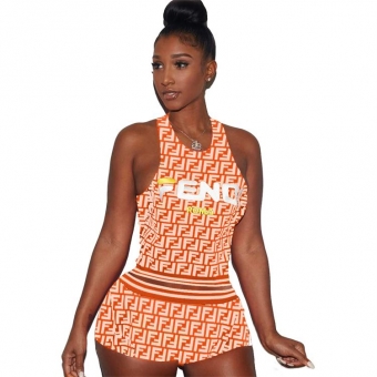 Orange Sleeveless Printed Sexy Women Short Sets