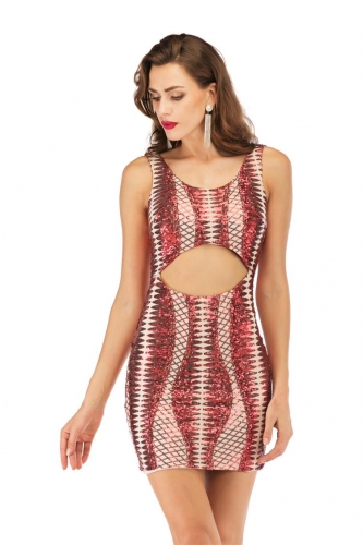 Red Sleeveless Halter Hollow-Out Sexy Sequins Mini Dress