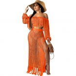 Orange Off-Shoulder Hollow-out Tassels Women Maxi Dress