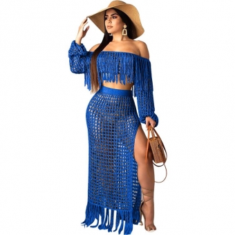 Blue Off-Shoulder Hollow-out Tassels Women Maxi Dress