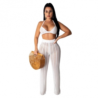 White Halter Bras Knitting Hollow-out Sexy Women Jumpsuit