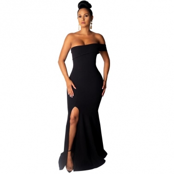 Black Off-Shoulder Boat-Neck Women Slit Evening Dress