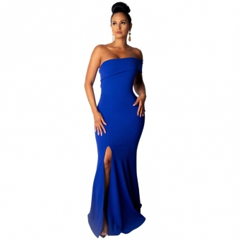 Blue Off-Shoulder Boat-Neck Women Slit Evening Dress