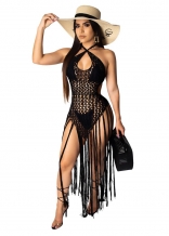Black Halter Nets Hollow-out Sexy Party Dress