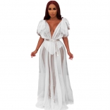 White Foral Shoulder V-Neck Mesh Lace Women Maxi Dress
