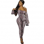 Gray Leopard Long Sleeve Hollow-out Printed Sexy Jumpsuit