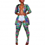 Green Stripped Seven Sleeve Printed Jacket Sexy Stocks Jumpsuit