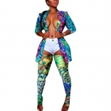 Green Seven Sleeve Printed Jacket Sexy Stocks Jumpsuit