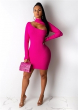Red Long Sleeve Halter Hollow-out Cottons Bodycon Mini Dress