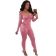 Pink Long Sleeve Low-Cut V-Neck Cotton Women Sexy Bodycon Jumpsuit