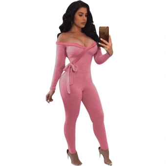 Pink Long Sleeve Low-Cut V-Neck Cotton Women Sexy Bodycon Jumpsuit