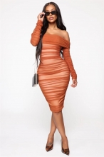 Orange Long Sleeve Off-Shoulder Mesh Lining Sexy Midi Dress