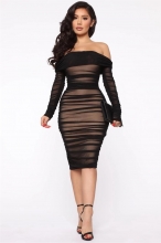 Black Long Sleeve Off-Shoulder Mesh Lining Sexy Midi Dress