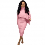 Pink Two-Piece Cotton Women Fashion Turtleneck Sweater