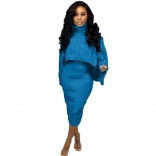 Blue Two-Piece Cotton Women Fashion Turtleneck Sweater