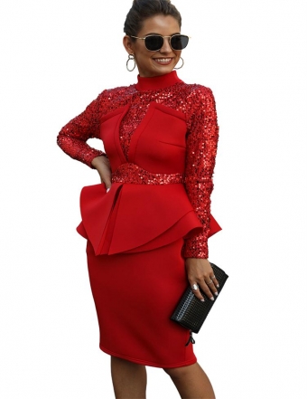 Red Long Sleeve Sequins Foral Women Sexy Evening Dress