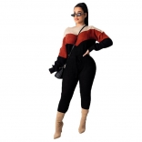 Black Long Sleeve Cotton Stripes Sweater Jumpsuit