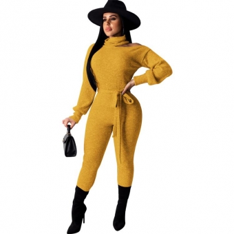 Yellow Long Sleeve Cut-off Shoulder Cotton Sexy Jumpsuit