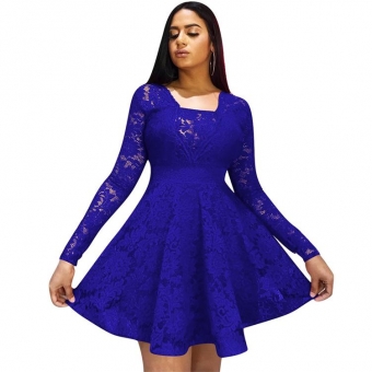 Blue Long Sleeve Lace Hollow-out Sexy Skirt
