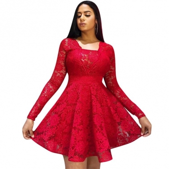 Red Long Sleeve Lace Hollow-out Sexy Skirt