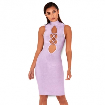 Purple Sleeveless Hollow-out Bandage Sexy Mini Dress