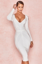 White Long Sleeve V-Neck Bandage Mini Dress