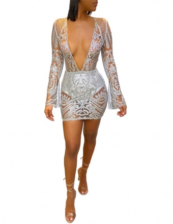 Silver Long Sleeve Deep V-Neck Sequins Mini Dress