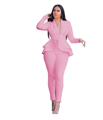 Pink Long Sleeve V-Neck 2PCS Women Fashion Business Suits