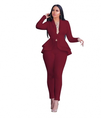 WineRed Long Sleeve V-Neck 2PCS Women Fashion Business Suits