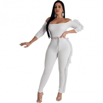White Seven Sleeve Off-Shoulder Sexy Bodycons Jumpsuit