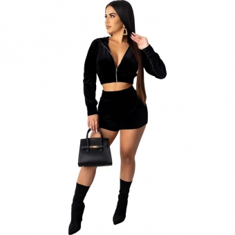 Black Long Sleeve Zipper V-Neck Velvet Short Sets