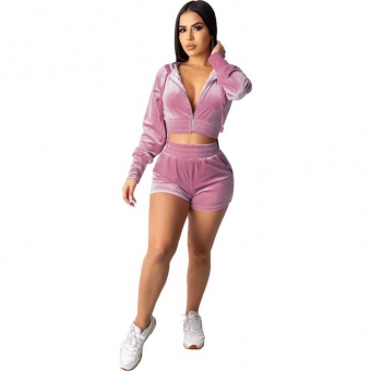 Pink Long Sleeve Zipper V-Neck Velvet Short Sets
