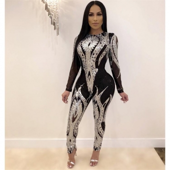 Silver Long Sleeve Sequins Mesh Bodycons Sexy Jumpsuit