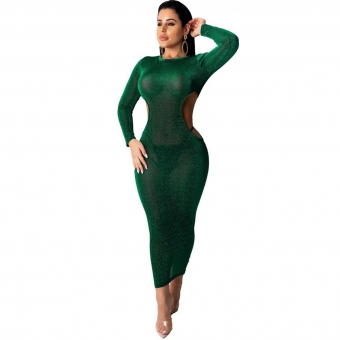 Green Long Sleeve Mesh Silk Backless Sexy Midi Dress